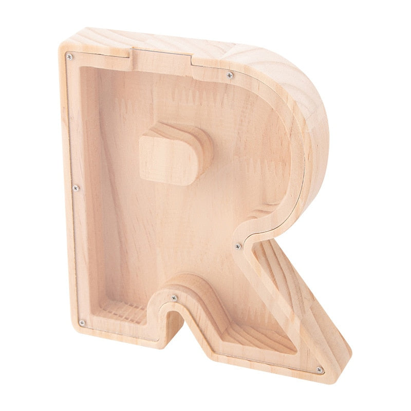 26 Letter Piggy Bank Wooden Coin Money Saving Box Jar Coins Storage Box for Kids Desktop Ornament Home Decor Crafts