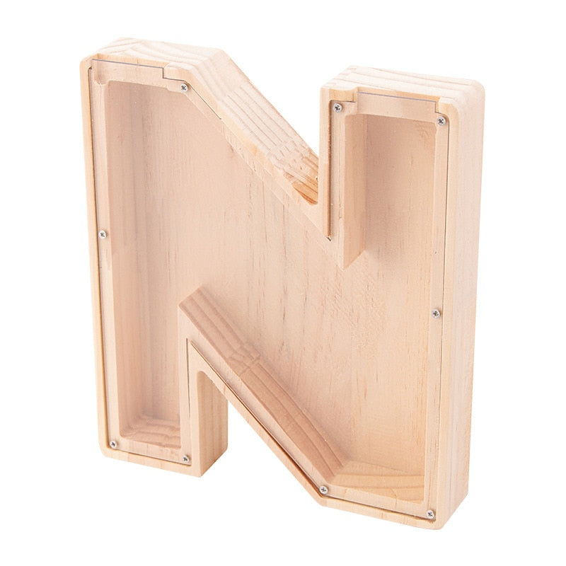 26 Letter Piggy Bank Wooden Coin Money Saving Box Jar Coins Storage Box for Kids Desktop Ornament Home Decor Crafts