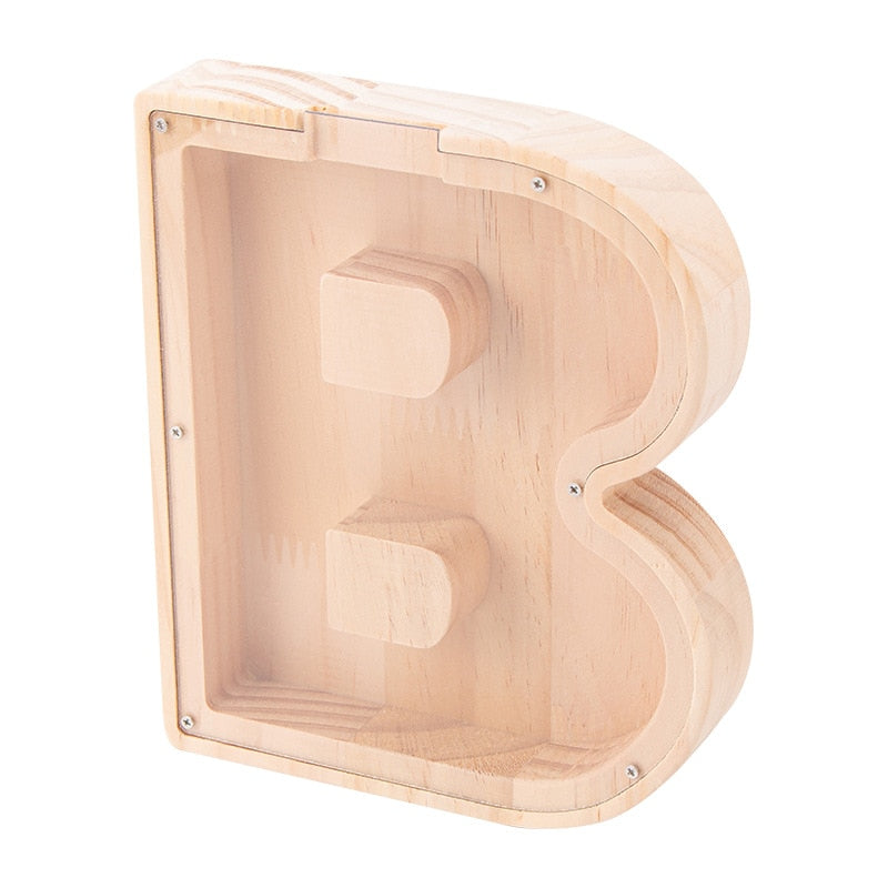 26 Letter Piggy Bank Wooden Coin Money Saving Box Jar Coins Storage Box for Kids Desktop Ornament Home Decor Crafts