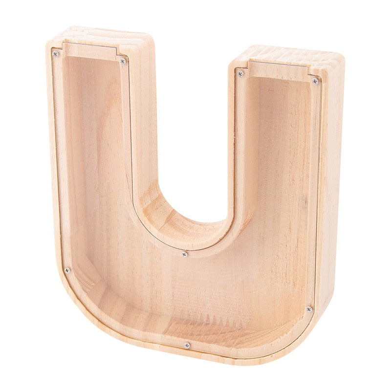 26 Letter Piggy Bank Wooden Coin Money Saving Box Jar Coins Storage Box for Kids Desktop Ornament Home Decor Crafts