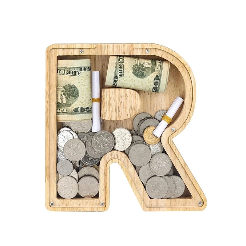 26 Letter Piggy Bank Wooden Coin Money Saving Box Jar Coins Storage Box for Kids Desktop Ornament Home Decor Crafts