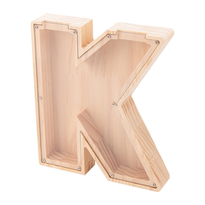26 Letter Piggy Bank Wooden Coin Money Saving Box Jar Coins Storage Box for Kids Desktop Ornament Home Decor Crafts