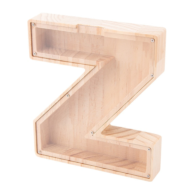 26 Letter Piggy Bank Wooden Coin Money Saving Box Jar Coins Storage Box for Kids Desktop Ornament Home Decor Crafts