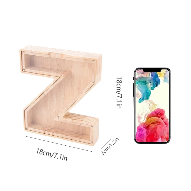 26 Letter Piggy Bank Wooden Coin Money Saving Box Jar Coins Storage Box for Kids Desktop Ornament Home Decor Crafts