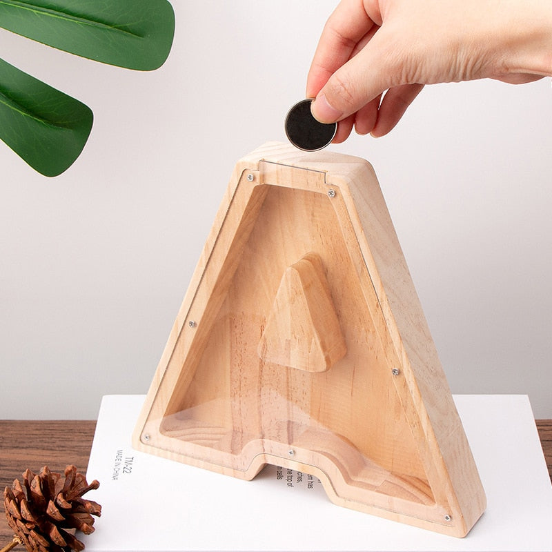 26 Letter Piggy Bank Wooden Coin Money Saving Box Jar Coins Storage Box for Kids Desktop Ornament Home Decor Crafts