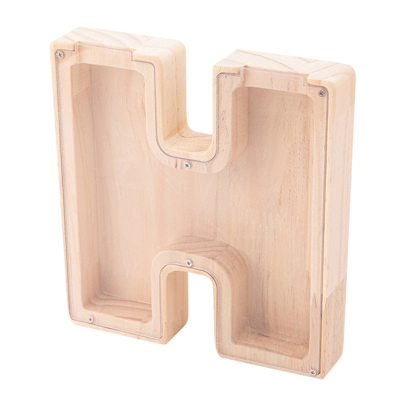 26 Letter Piggy Bank Wooden Coin Money Saving Box Jar Coins Storage Box for Kids Desktop Ornament Home Decor Crafts
