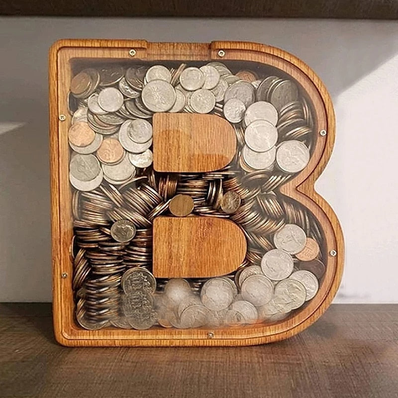 26 Letter Piggy Bank Wooden Coin Money Saving Box Jar Coins Storage Box for Kids Desktop Ornament Home Decor Crafts