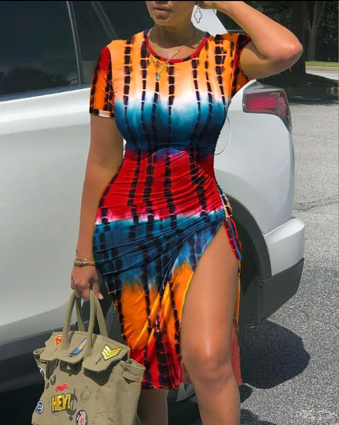 Summer Drawstring Dress Women Fashion Print V-neck Short-sleeved Drawstring Tight Tshirt Dress Women