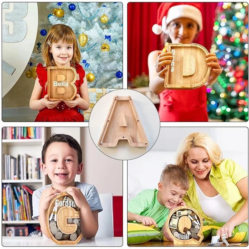 26 Letter Piggy Bank Wooden Coin Money Saving Box Jar Coins Storage Box for Kids Desktop Ornament Home Decor Crafts